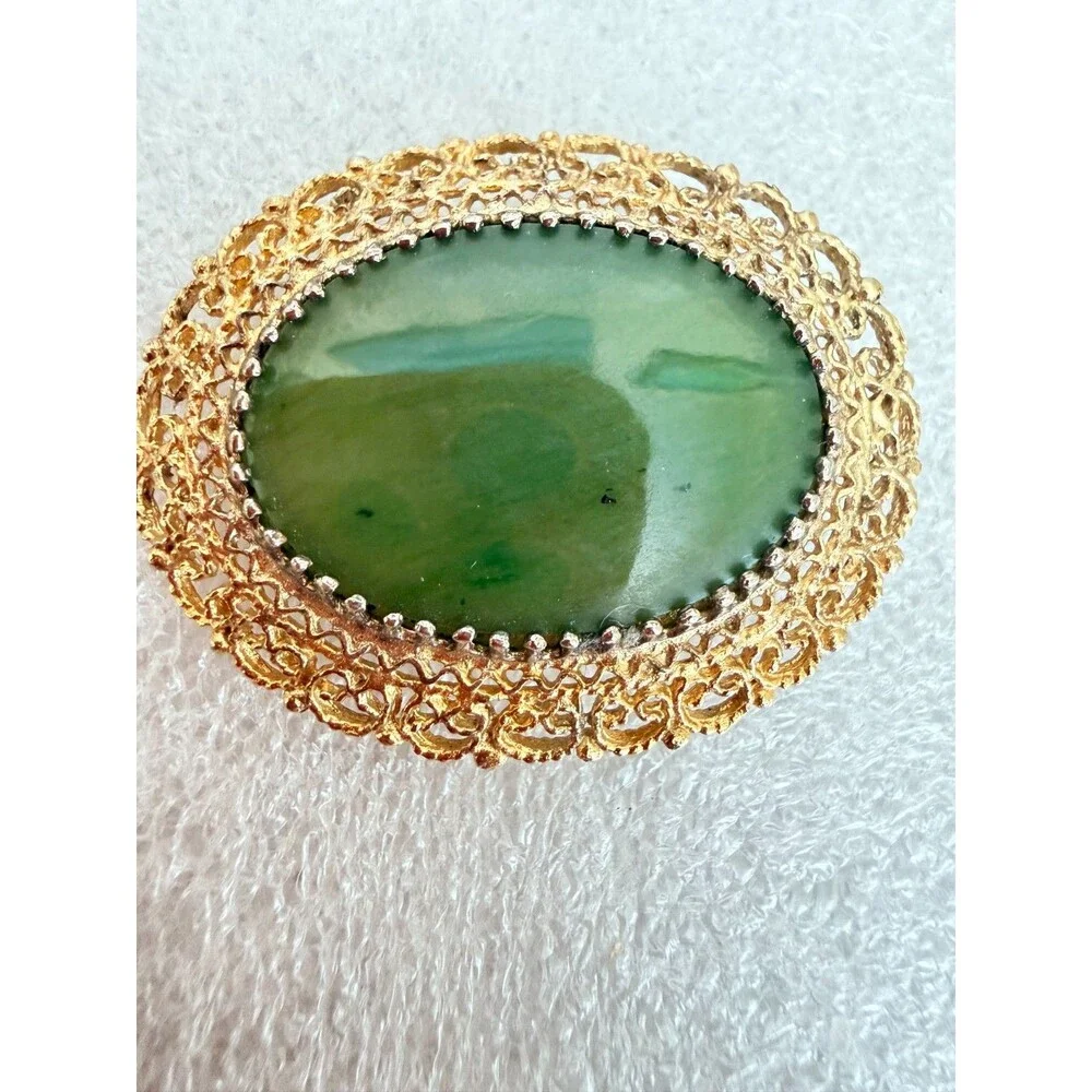 Vintage 1960s Karen Lynne Sterling Silver Gold Vermeil Green Jade Filigree Brooc